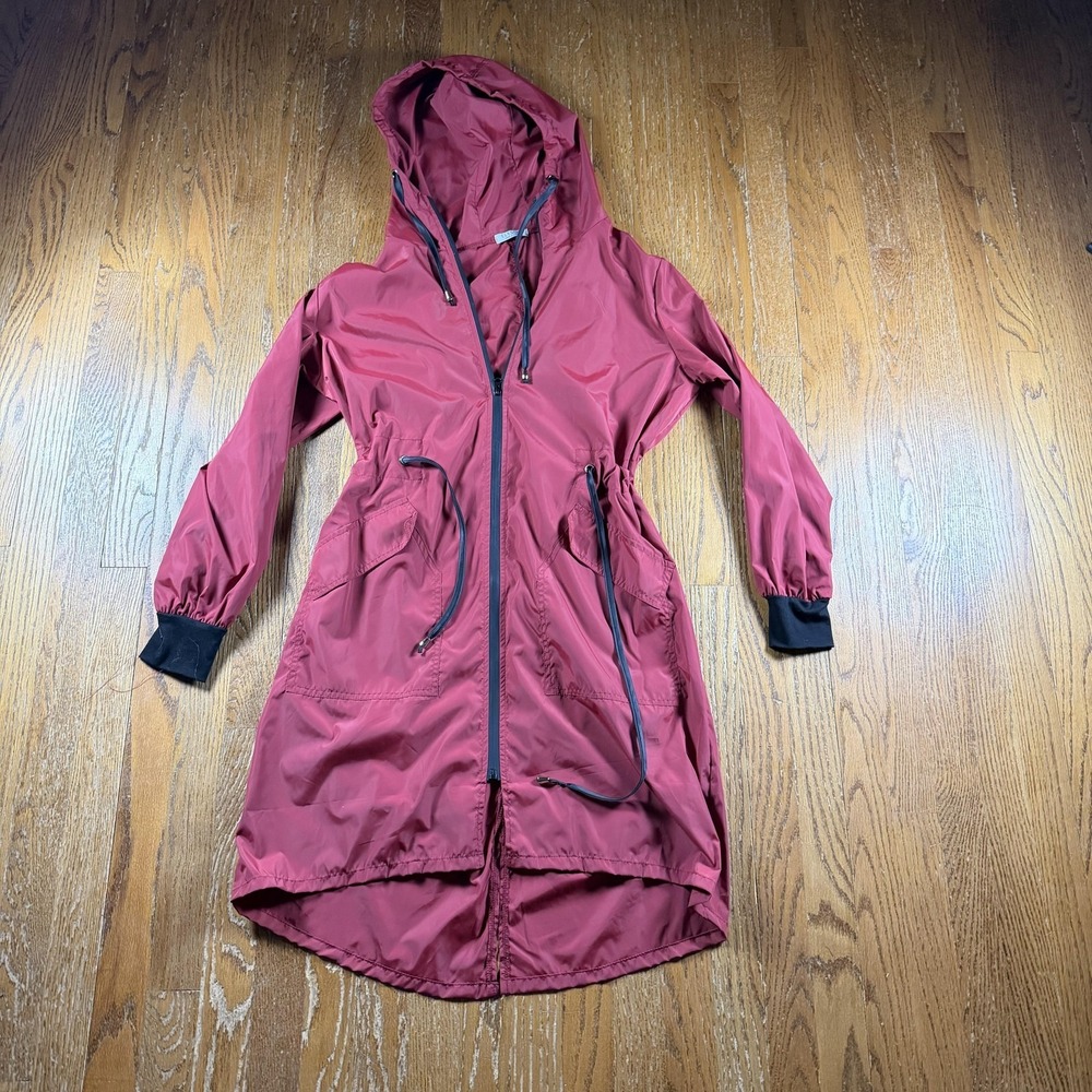 Elesol Windbreaker Coat Womens Large Red Hooded Longline Drawstring Pockets